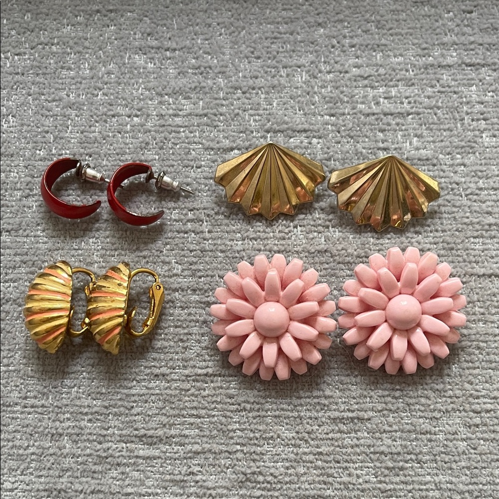 Lot of 4 Vintage Gold Pink and Red Floral Earrings Set